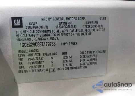 2009 Chevrolet Silverado 1500 Lt z USA, uszkodzony, nr VIN 1GCEC29C89Z179788